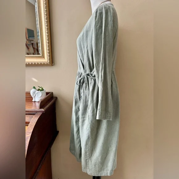 Simply Grey Sage Green Linen Wrap Dress Long Sleeve Size Medium M